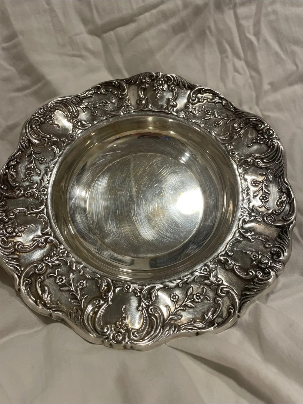 Wallace Ornate Silver Decorative Serving Bowl with Floral Scroll Rim
